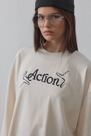 Baskılı T-Shirt Action - Bej