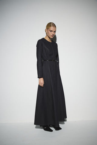 Bele Oturan Denim Elbise - Koyu Denim