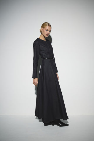 Bele Oturan Denim Elbise - Koyu Denim