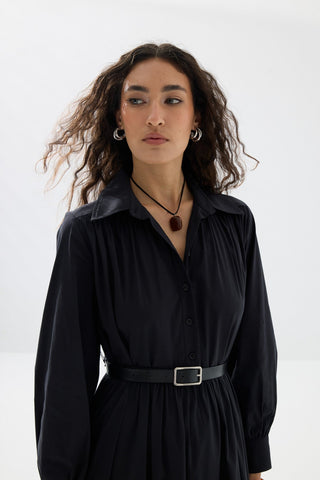 Büzgülü Kemerli Gömlek Elbise - Siyah