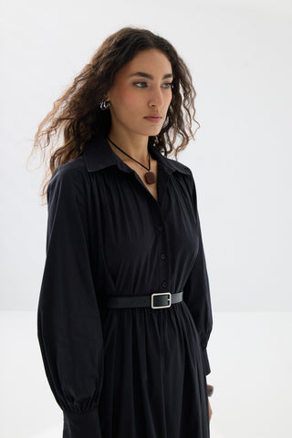 Büzgülü Kemerli Gömlek Elbise - Siyah