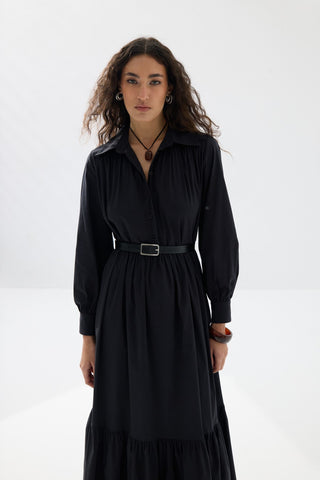 Büzgülü Kemerli Gömlek Elbise - Siyah