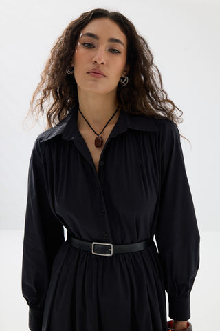 Büzgülü Kemerli Gömlek Elbise - Siyah