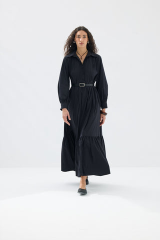 Büzgülü Kemerli Gömlek Elbise - Siyah