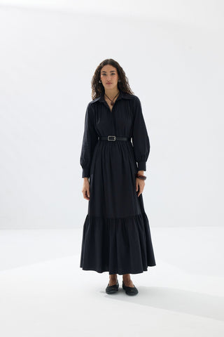 Büzgülü Kemerli Gömlek Elbise - Siyah