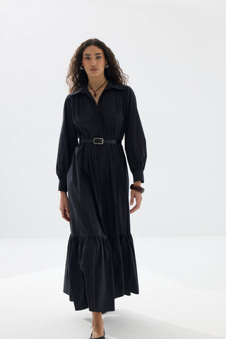 Büzgülü Kemerli Gömlek Elbise - Siyah