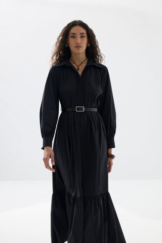 Büzgülü Kemerli Gömlek Elbise - Siyah