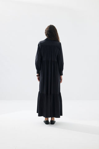 Büzgülü Kemerli Gömlek Elbise - Siyah