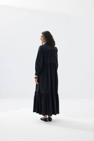 Büzgülü Kemerli Gömlek Elbise - Siyah