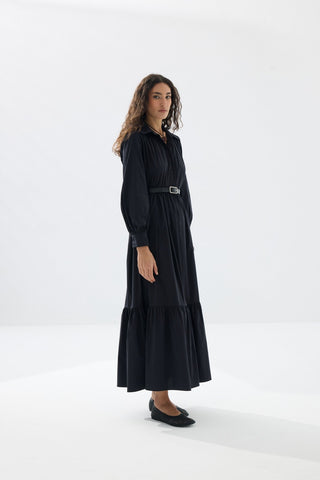 Büzgülü Kemerli Gömlek Elbise - Siyah