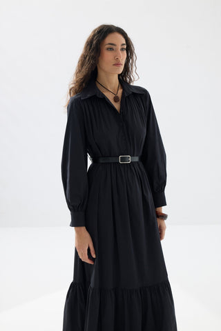 Büzgülü Kemerli Gömlek Elbise - Siyah