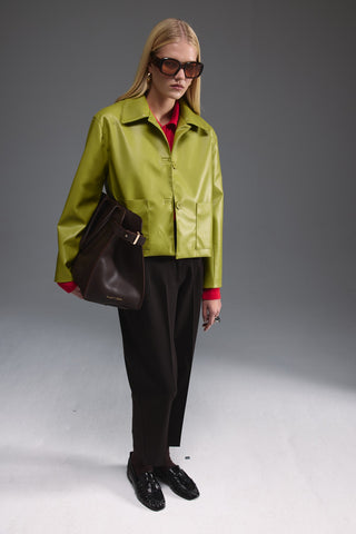 Deri Cepli Kısa Ceket - Açık Yeşil