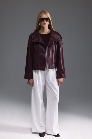 Deri Dik Yaka Kısa Trençkot - Burgundy