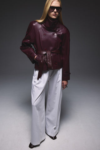 Deri Dik Yaka Kısa Trençkot - Burgundy