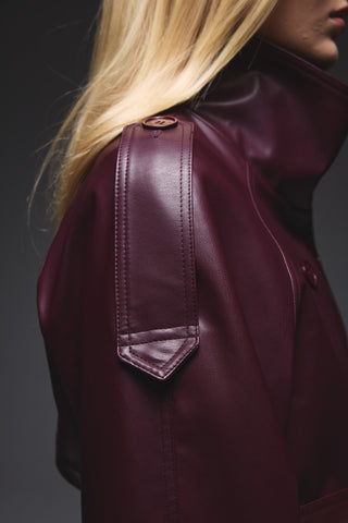 Deri Dik Yaka Kısa Trençkot - Burgundy