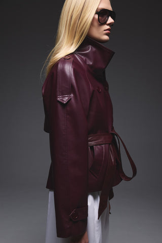 Deri Dik Yaka Kısa Trençkot - Burgundy