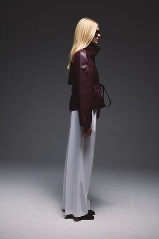 Deri Dik Yaka Kısa Trençkot - Burgundy