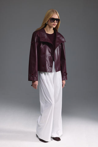 Deri Dik Yaka Kısa Trençkot - Burgundy