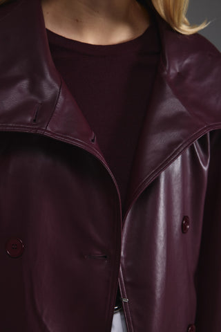 Deri Dik Yaka Kısa Trençkot - Burgundy