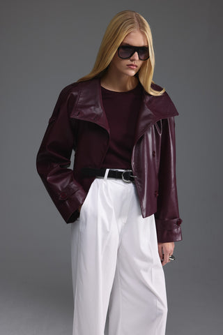 Deri Dik Yaka Kısa Trençkot - Burgundy