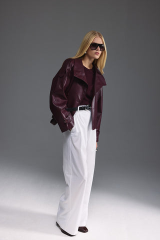 Deri Dik Yaka Kısa Trençkot - Burgundy