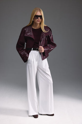 Deri Dik Yaka Kısa Trençkot - Burgundy