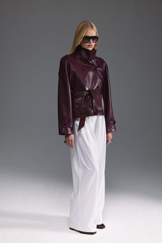 Deri Dik Yaka Kısa Trençkot - Burgundy