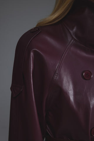 Deri Dik Yaka Kısa Trençkot - Burgundy