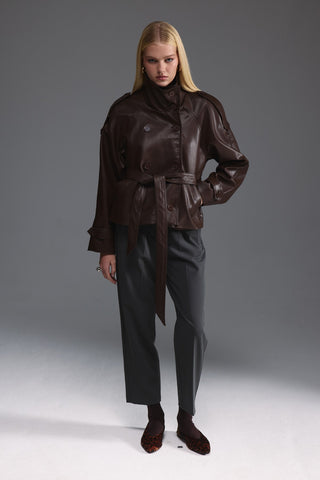 Deri Dik Yaka Kısa Trençkot - Kahverengi