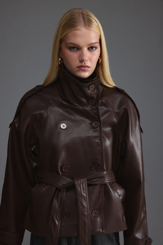 Deri Dik Yaka Kısa Trençkot - Kahverengi