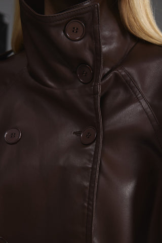 Deri Dik Yaka Kısa Trençkot - Kahverengi