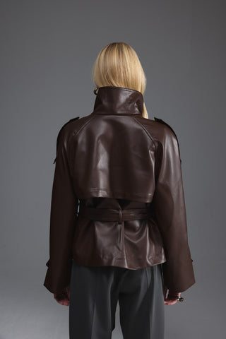 Deri Dik Yaka Kısa Trençkot - Kahverengi