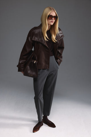 Deri Dik Yaka Kısa Trençkot - Kahverengi