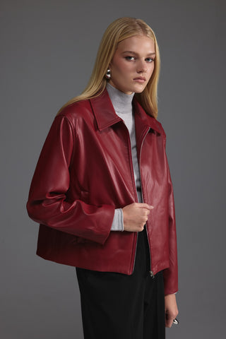 Deri Kısa Ceket - Kırmızı