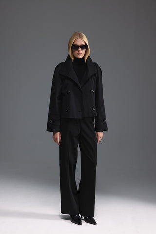 Dik Yaka Kısa Trençkot - Siyah