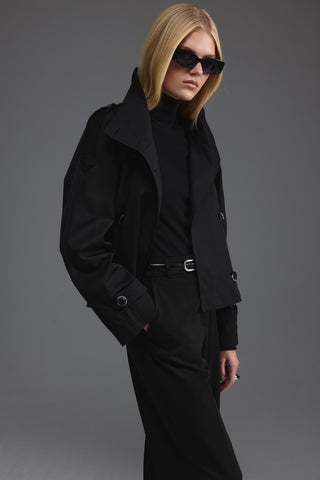 Dik Yaka Kısa Trençkot - Siyah