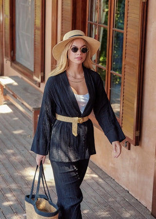 Müslin Kuşaklı Kimono - Siyah