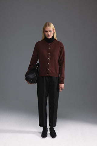 Metal Düğmeli Triko Hırka - Açık Kahve