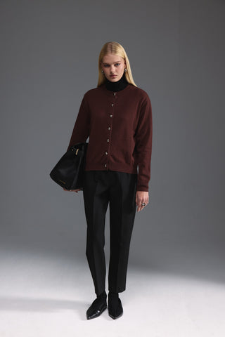 Metal Düğmeli Triko Hırka - Açık Kahve