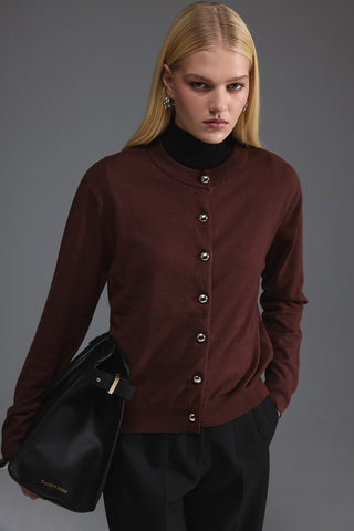 Metal Düğmeli Triko Hırka - Açık Kahve