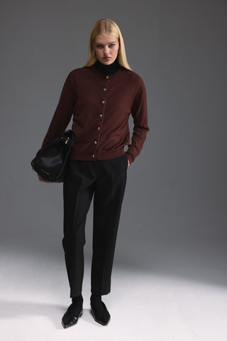 Metal Düğmeli Triko Hırka - Açık Kahve