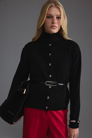 Metal Düğmeli Triko Hırka - Siyah