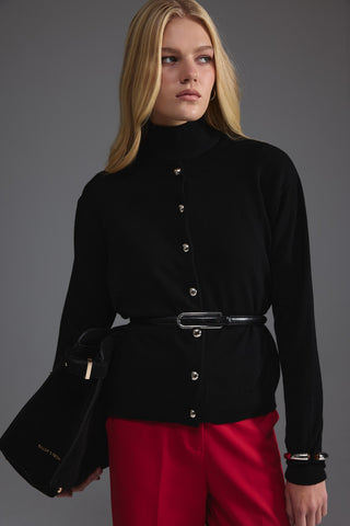 Metal Düğmeli Triko Hırka - Siyah