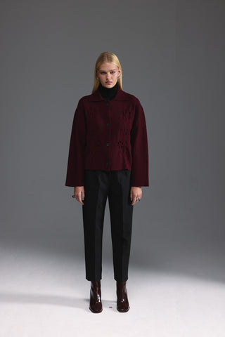 Nakış Detaylı Triko Ceket - Bordo