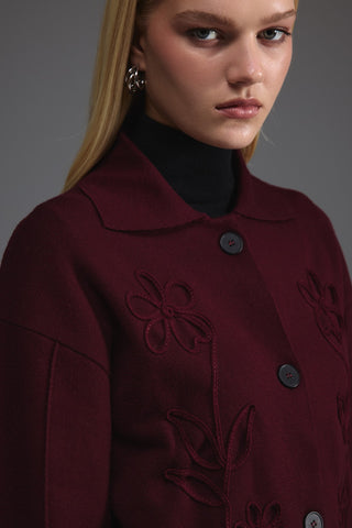 Nakış Detaylı Triko Ceket - Bordo