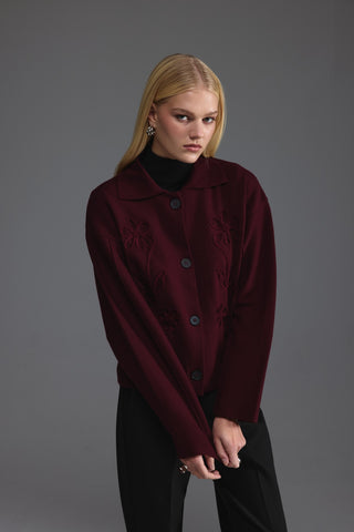 Nakış Detaylı Triko Ceket - Bordo