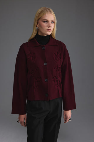 Nakış Detaylı Triko Ceket - Bordo