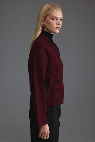 Nakış Detaylı Triko Ceket - Bordo