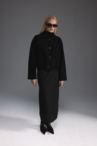 Nakış Detaylı Triko Ceket - Siyah