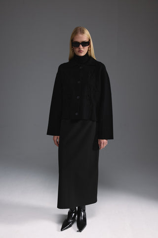 Nakış Detaylı Triko Ceket - Siyah